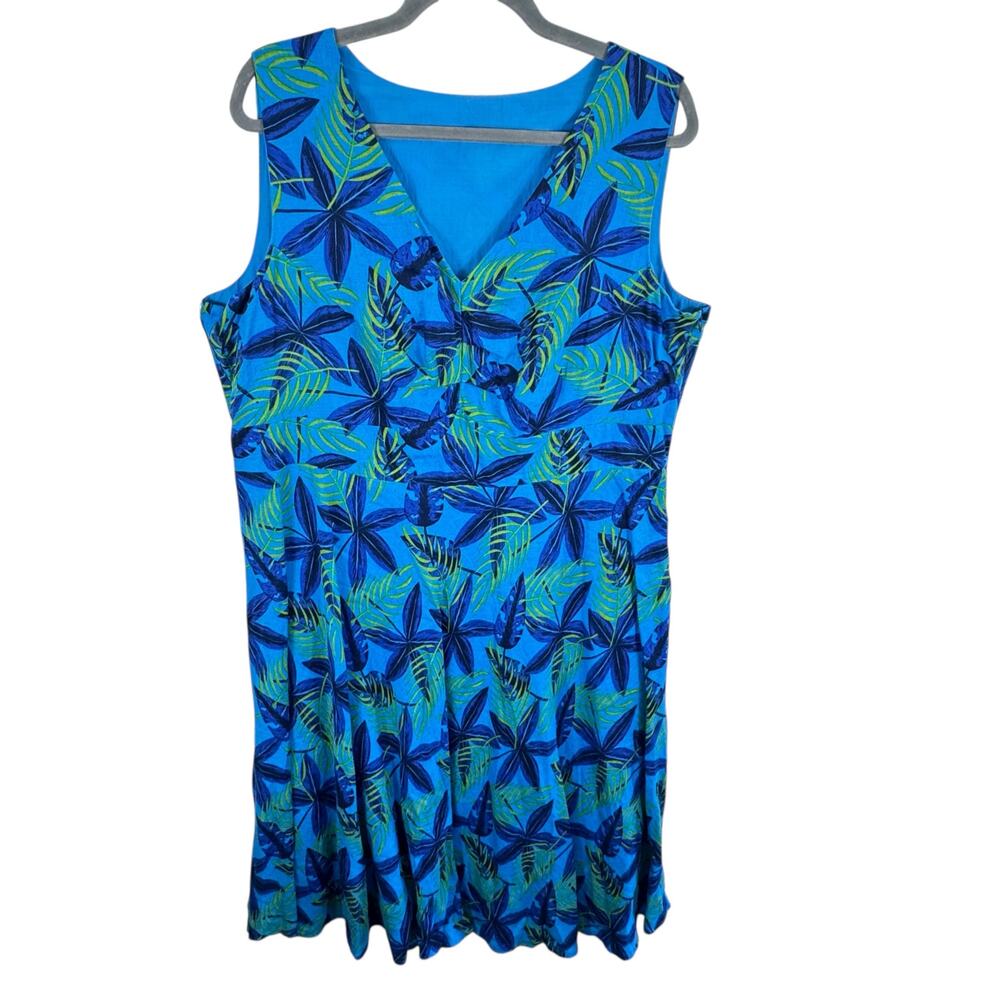 Blue Leaf Palm Tropical Sleeveless V-Neck Lined Lightweight Midi Dress Size 16